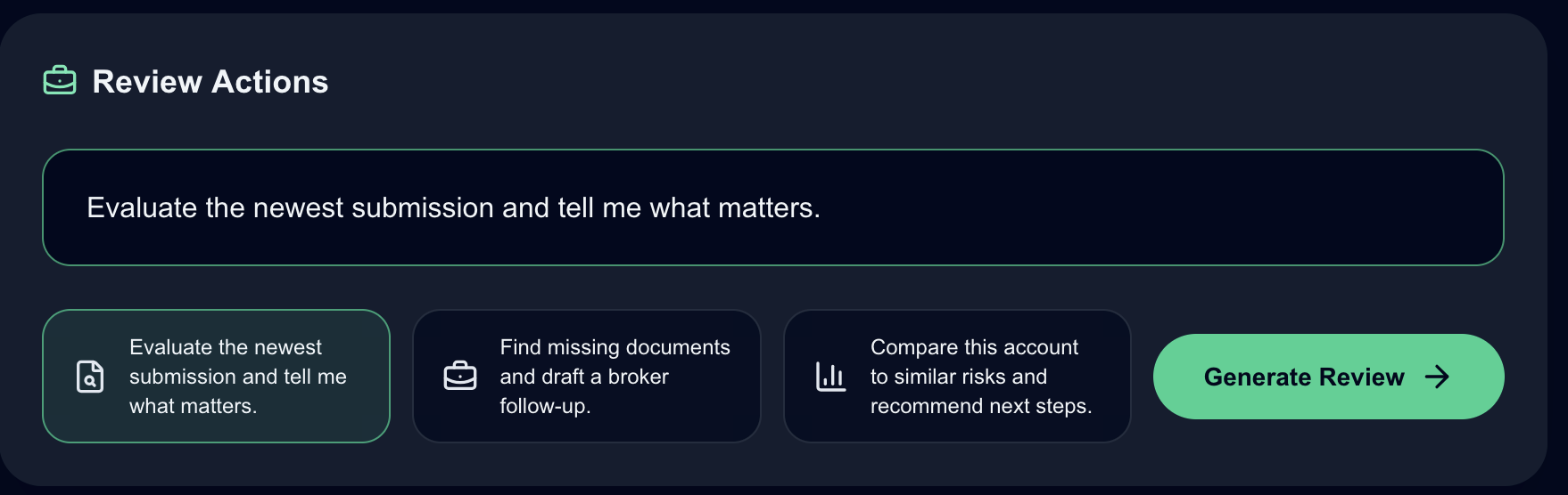 Aegis review actions interface showing AI-assisted underwriting prompts