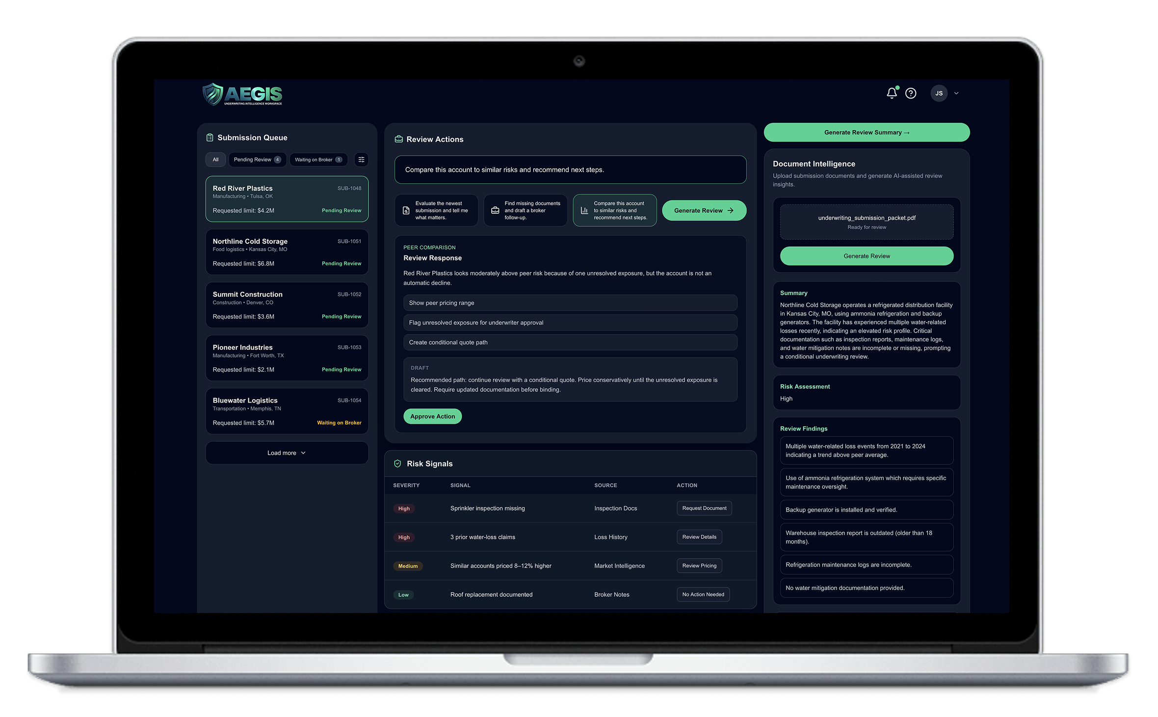 Aegis AI underwriting workspace interface