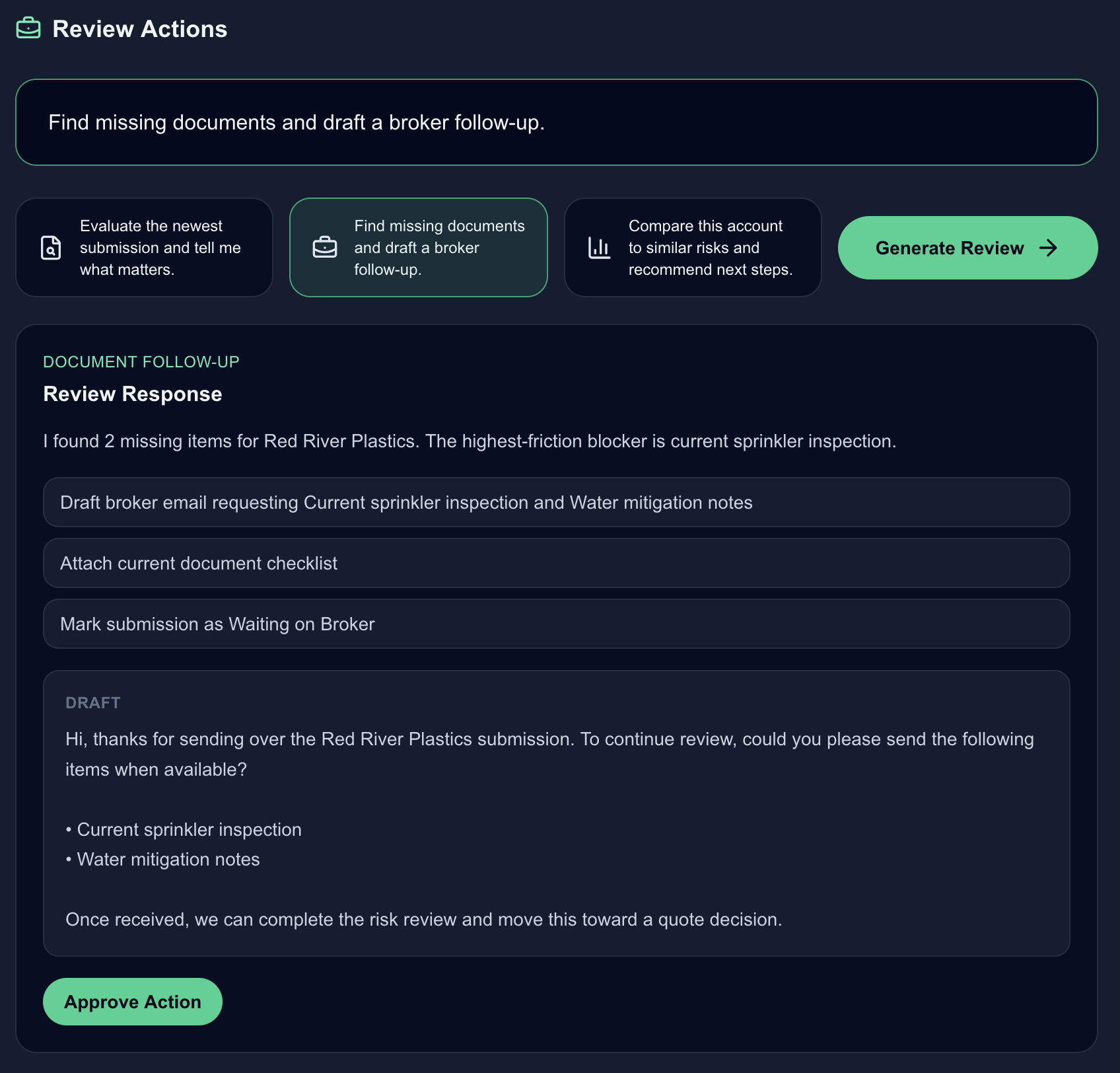 Aegis review response showing AI-generated underwriting follow-up actions