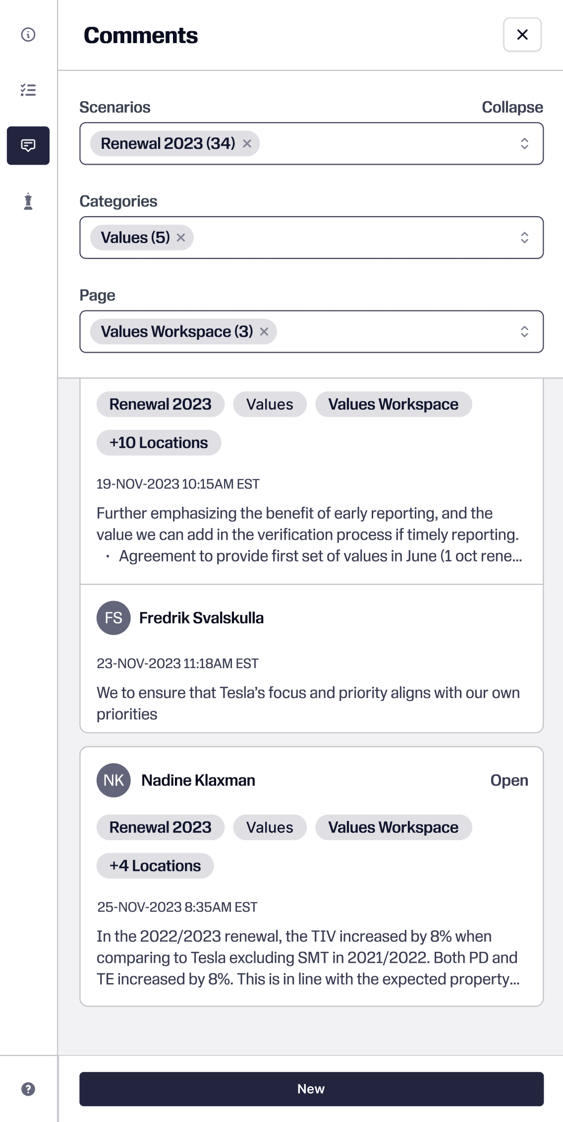 Structured underwriting comments system with filters for scenarios, categories, and page context
